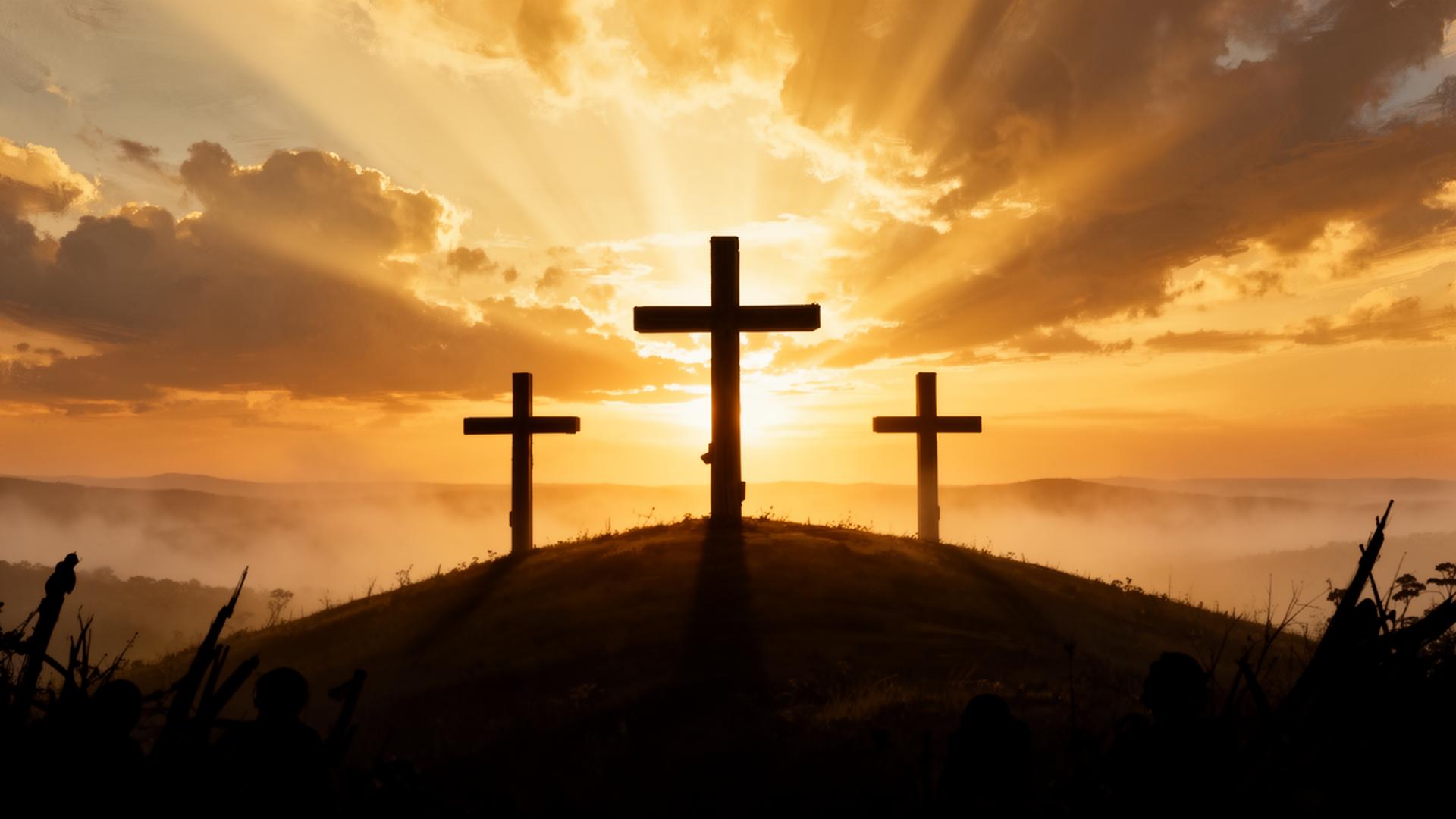 Three crosses silhouetted against a sunrise sky — the crucifixion of Jesus